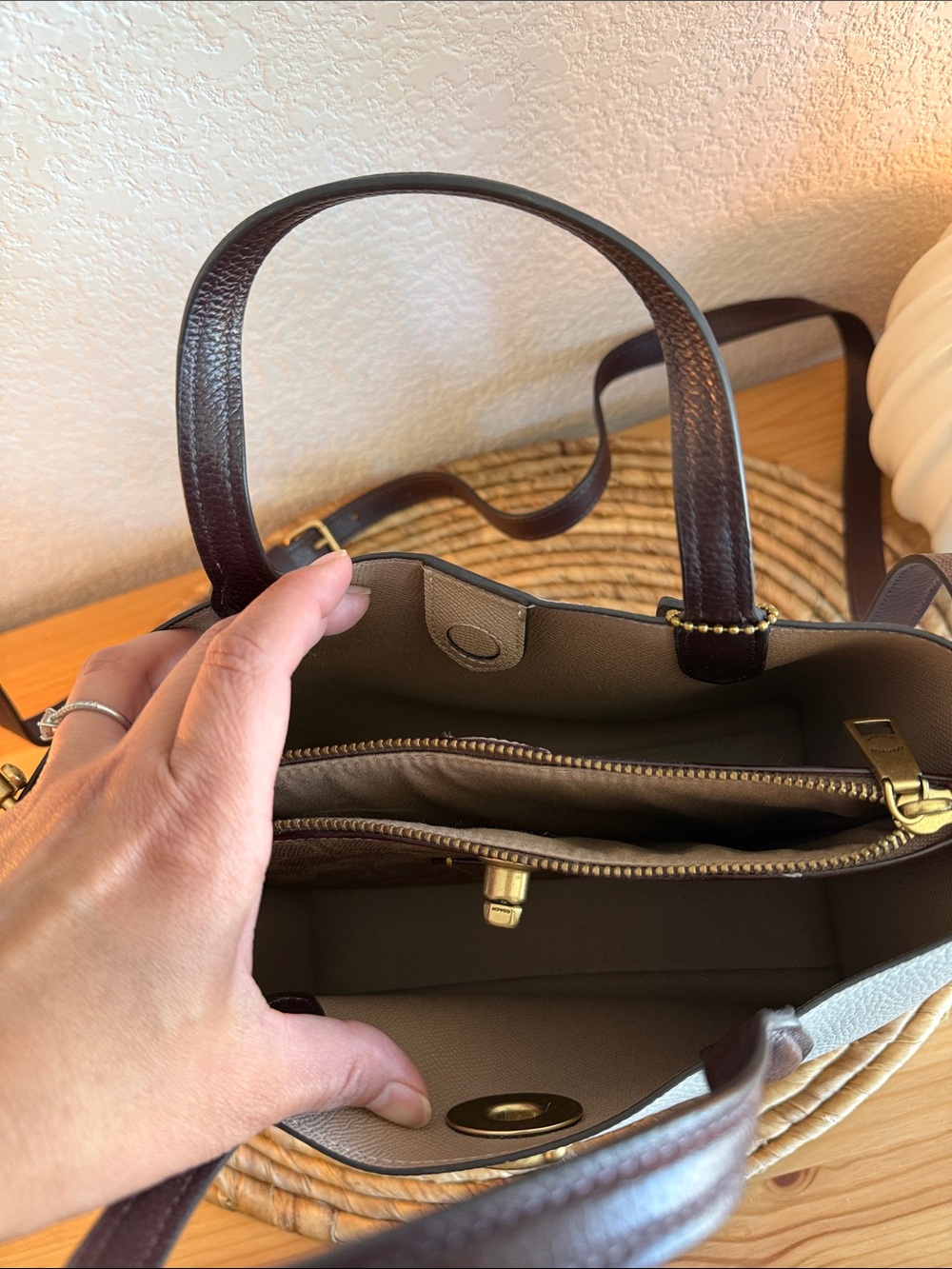 Coach Pebbled Leather Tote in Chalk with Dark Brown Handles - Picture 7 of 8